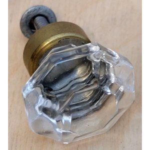 Single Vintage Drawer Pull Heavy Solid Glass Faceted Knob Handle Brass Mount